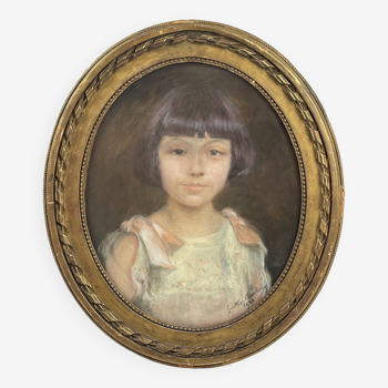 Pastel of young girl in pink dress dated 1921