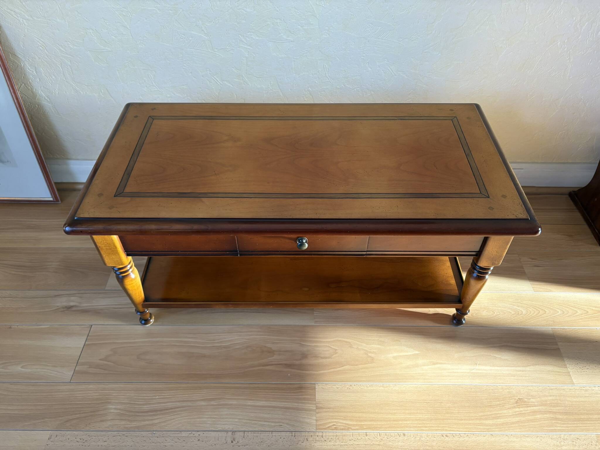Vintage wooden coffee table with drawer and shelves
