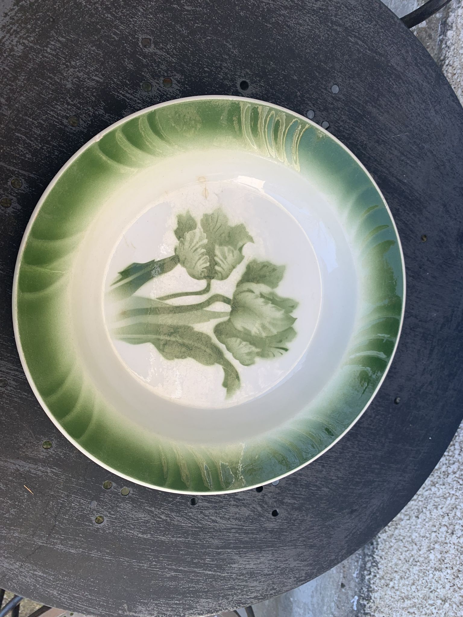 Hollow dish pattern green tulips longwy france old