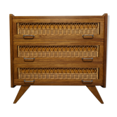 Vintage chest of drawers in wood and rattan from the 50s/60s