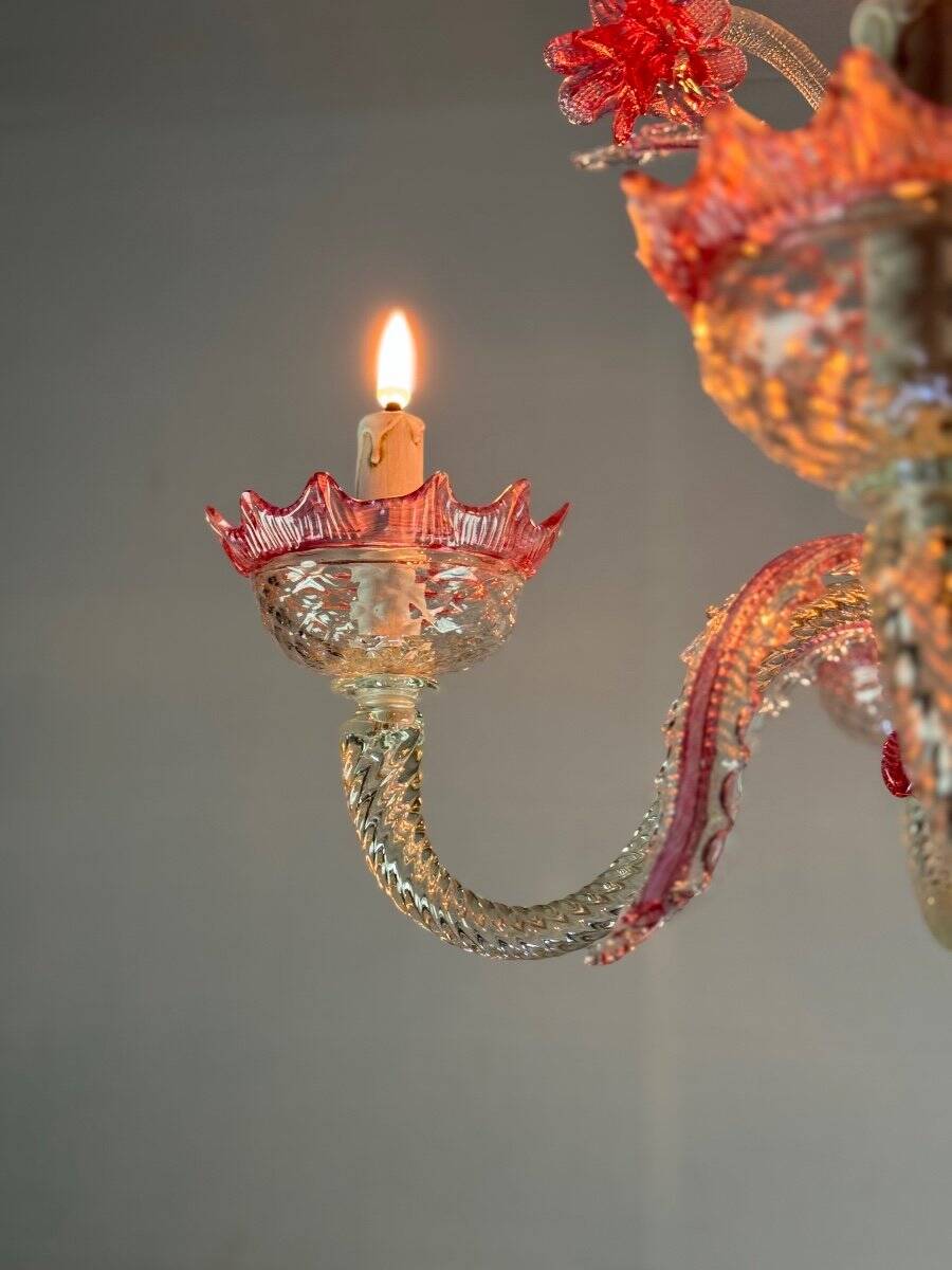 Venetian chandelier in colorless and red Murano glass, 5 light arms, circa 1950