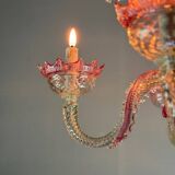 Venetian chandelier in colorless and red Murano glass, 5 light arms, circa 1950