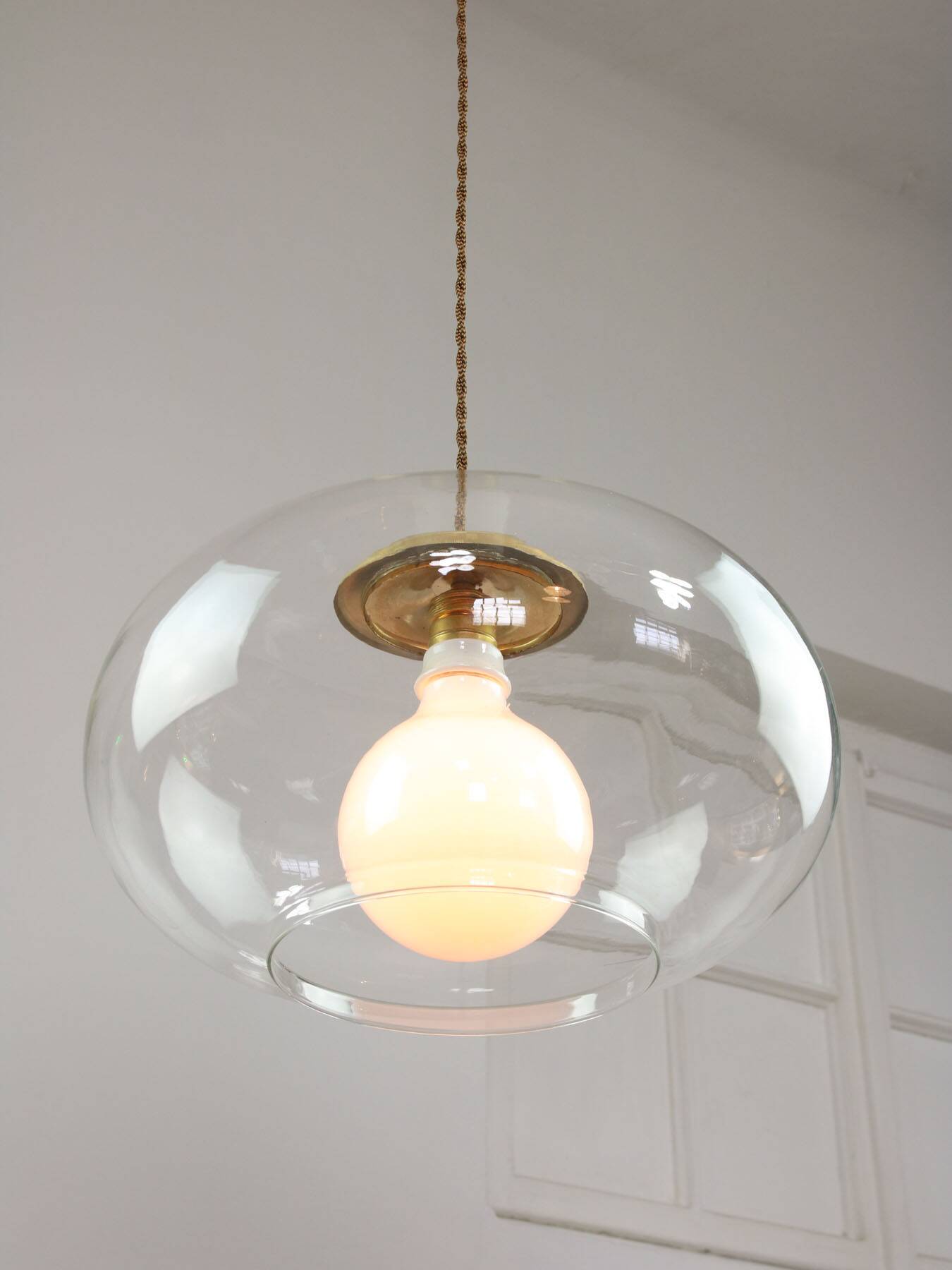 Italian Mid-Century Glass and Brass Pendant Lamp