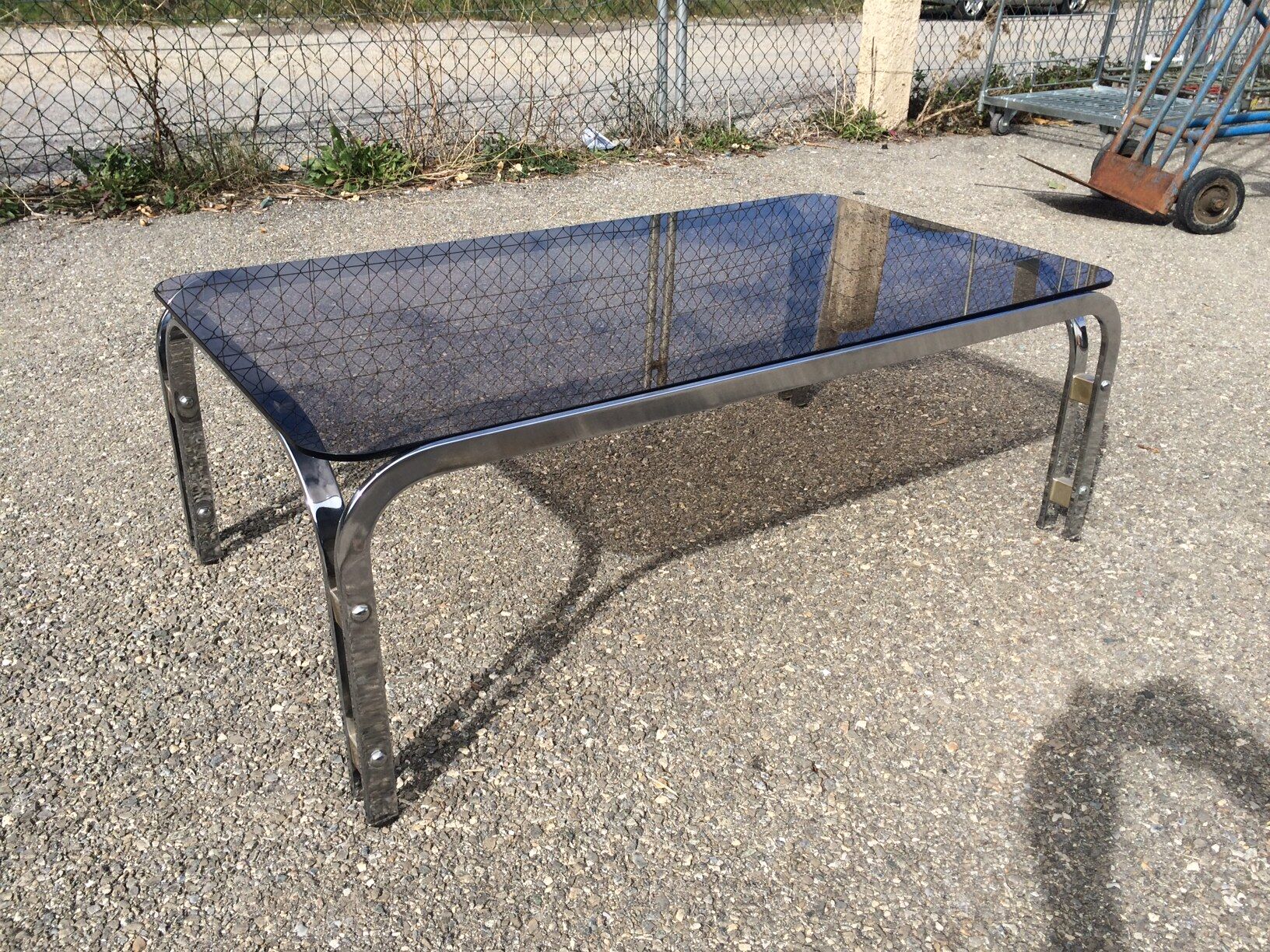 Vintage coffee table smoked glass and chrome 70