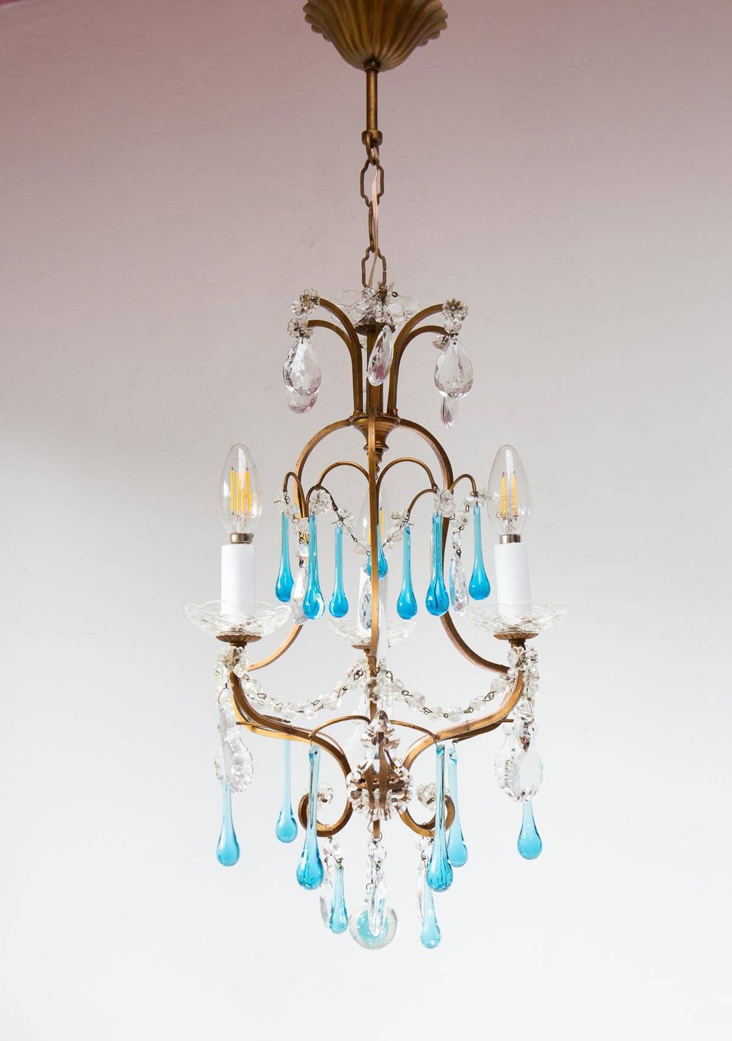 Italian chandelier in gold metal cage with blue drops circa 1960