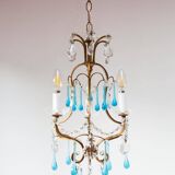 Lustre Italien cage metal doré gouttes bleues vers 1960