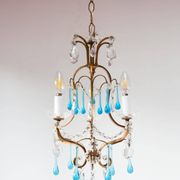 Italian chandelier in gold metal cage with blue drops circa 1960