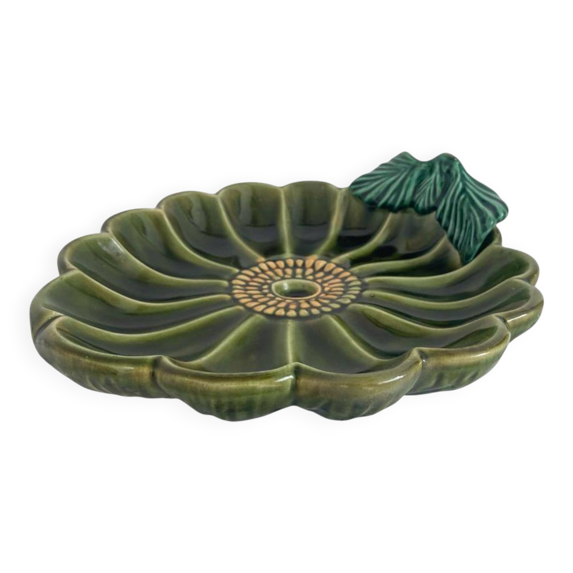 Large decorative dish, green ceramic flower, mid-20th century