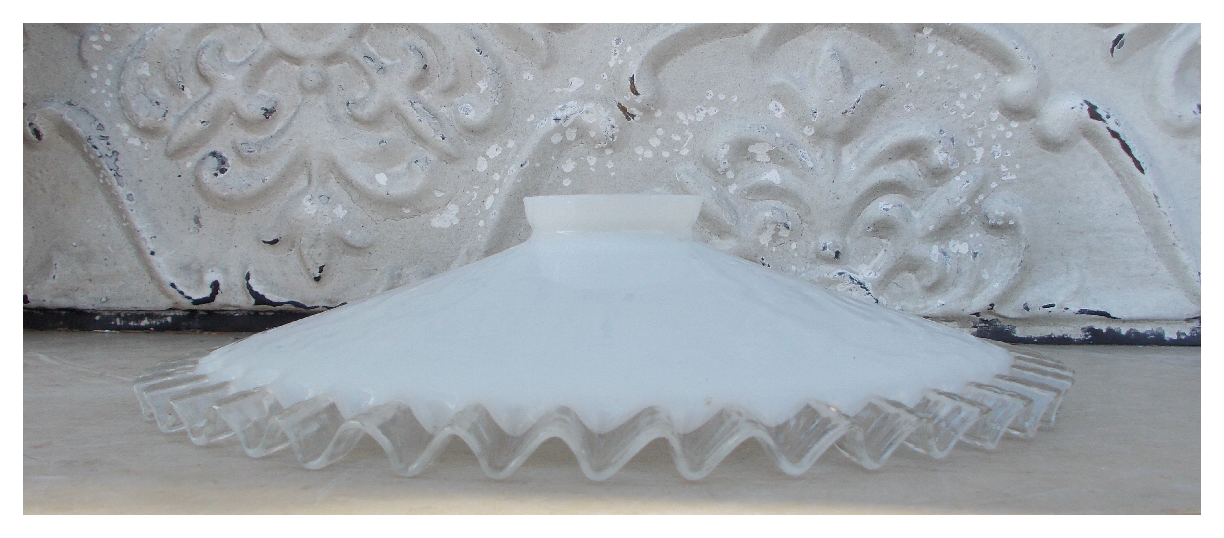 2 old white opaline serrated lampshades