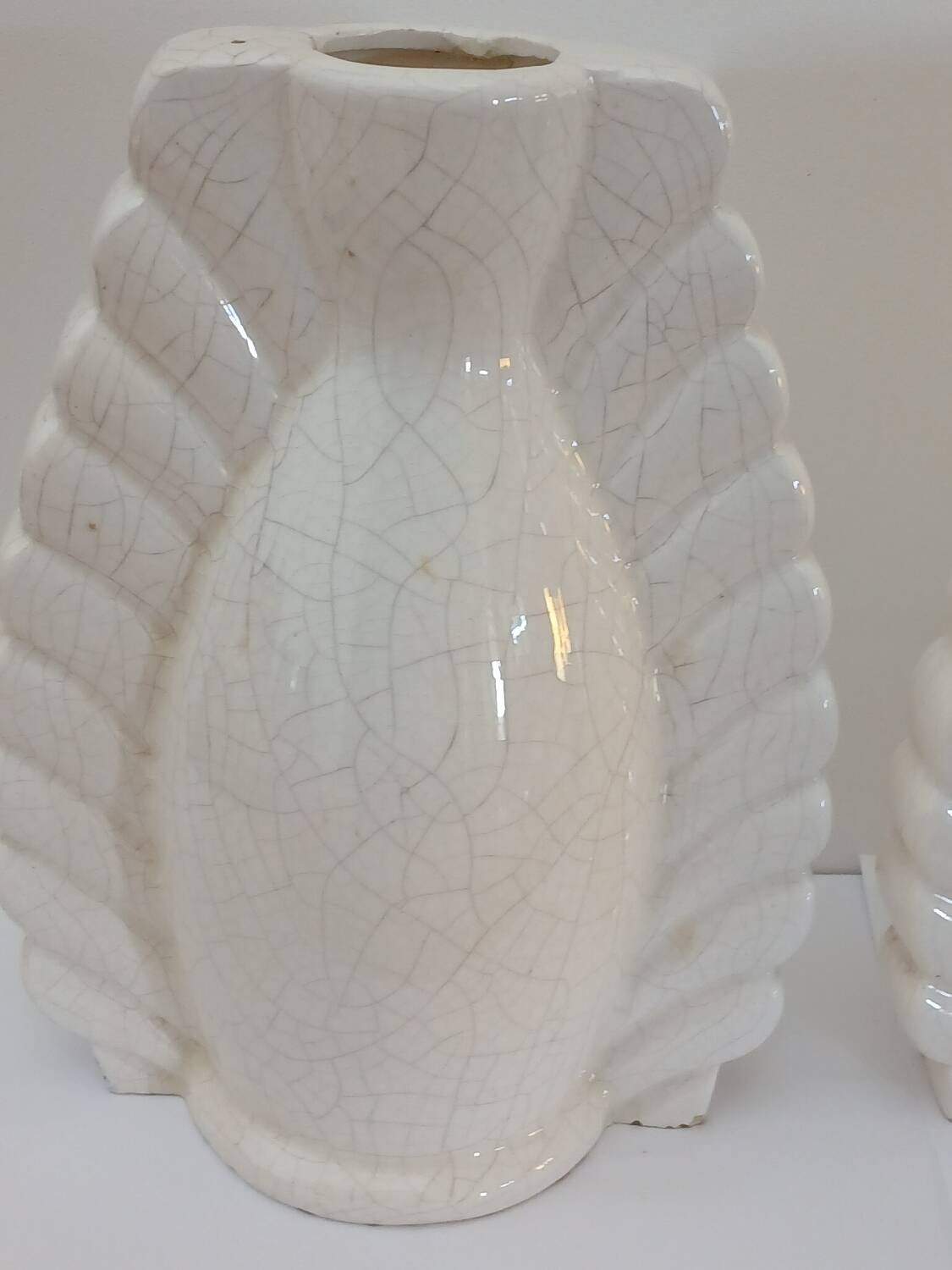 Duo de vases en céramique blanche craquelée Néo Art Déco France