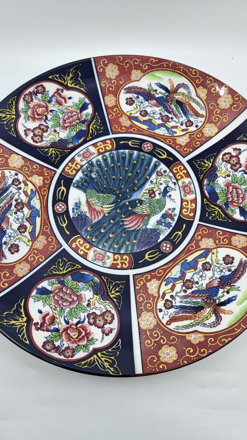 Large Chinese dish signed in Imari porcelain decorated with peacocks and flowers 1970 Vintage