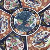 Large Chinese dish signed in Imari porcelain decorated with peacocks and flowers 1970 Vintage