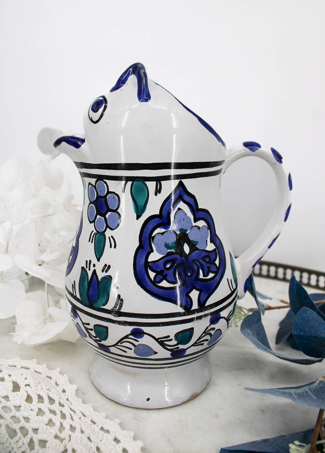 Vintage blue and green ceramic cat-shaped jug carafe