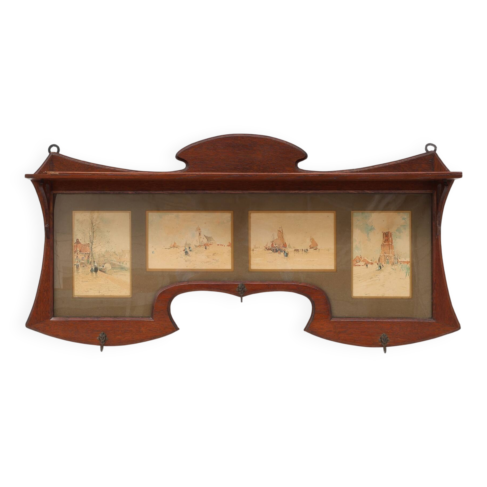 Art Nouveau Wall-Mounted Coat Rack with Framed Watercolors by Cassier, Belg