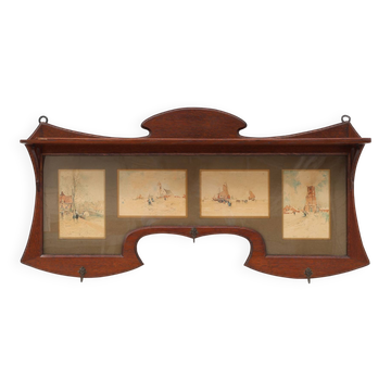 Art Nouveau Wall-Mounted Coat Rack with Framed Watercolors by Cassier, Belg