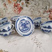 Set of 8 tea cups and sub-cups décor blue Asian landscape