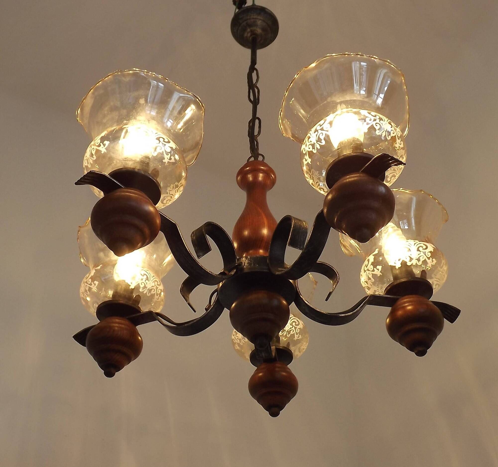 French 5 Light Mid Century Chandelier Wood Metal & Patterned Glass Shades