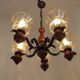 French 5 Light Mid Century Chandelier Wood Metal & Patterned Glass Shades