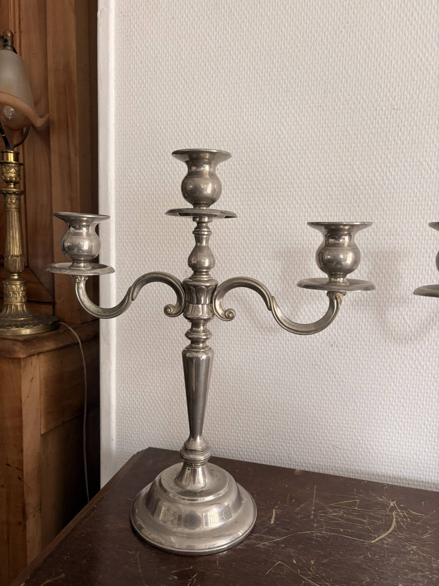 Paire Candélabre 3 Feux Métal Style Louis XV 36cm Vintage