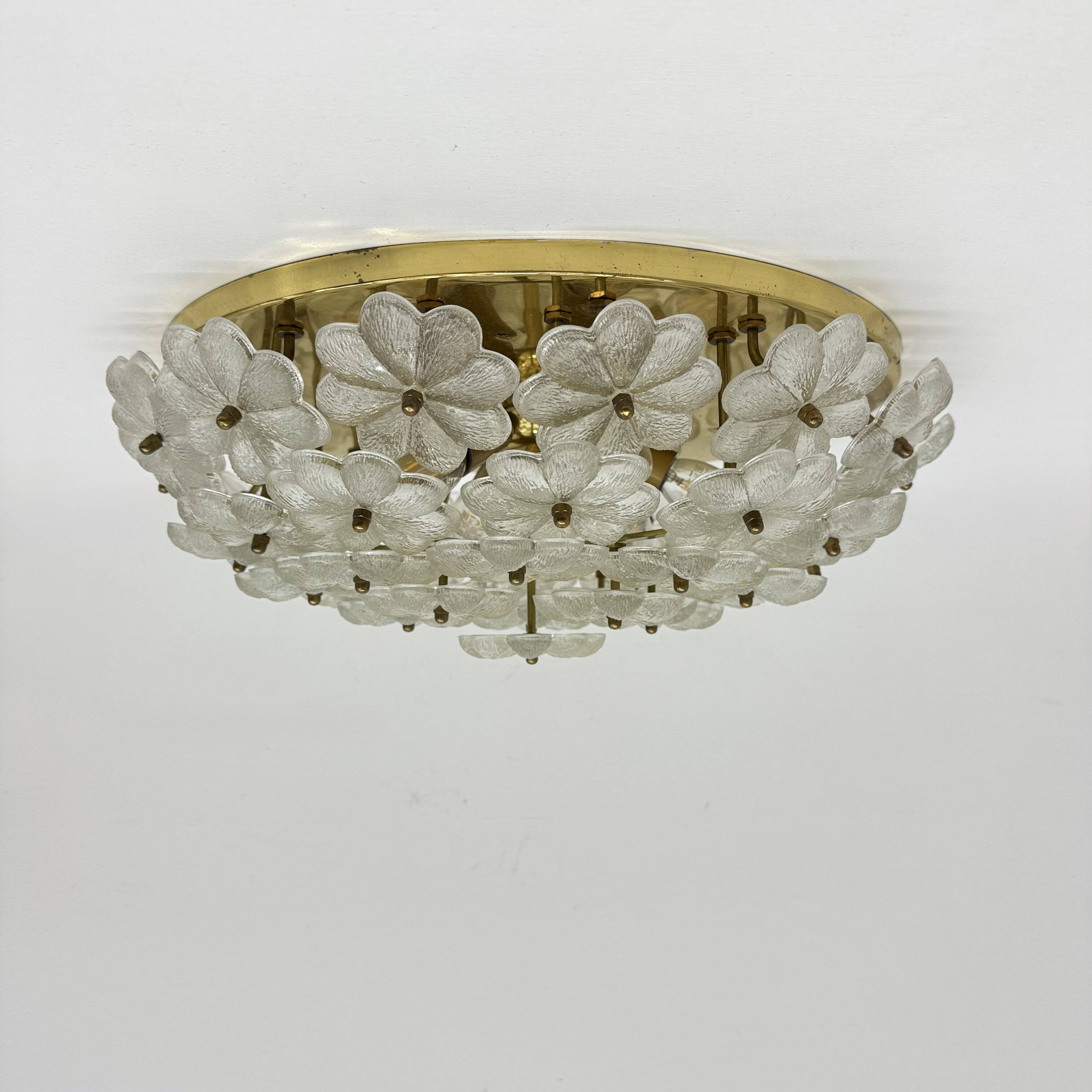 Large Floral Crystal Glass Flush Lamp by Ernst Palme , 1970s