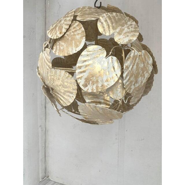 Contemporary gold-leaf and white leaves sphere suspension pendant