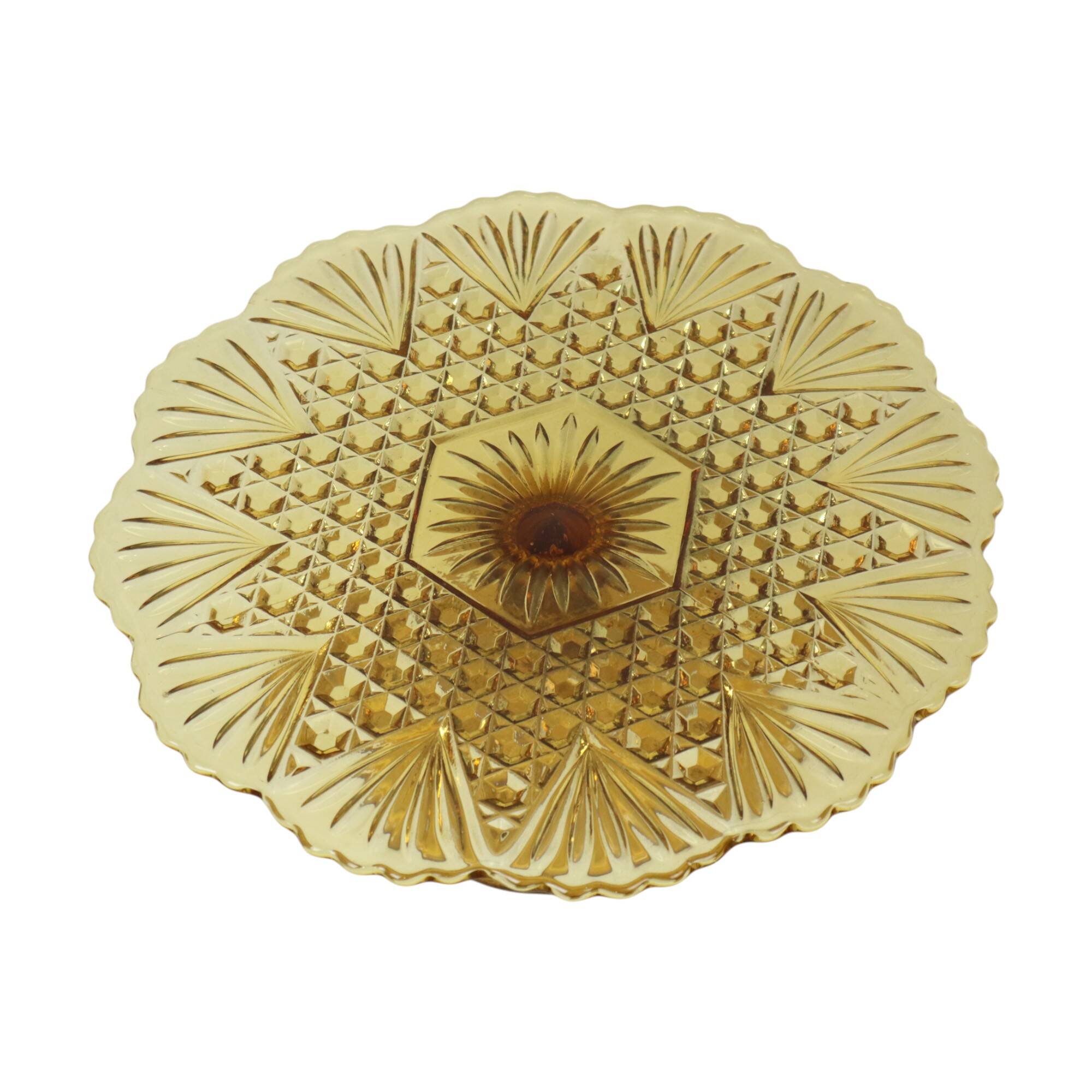 Assiette à gâteau vintage Art déco en verre pressé ambré 30 cm