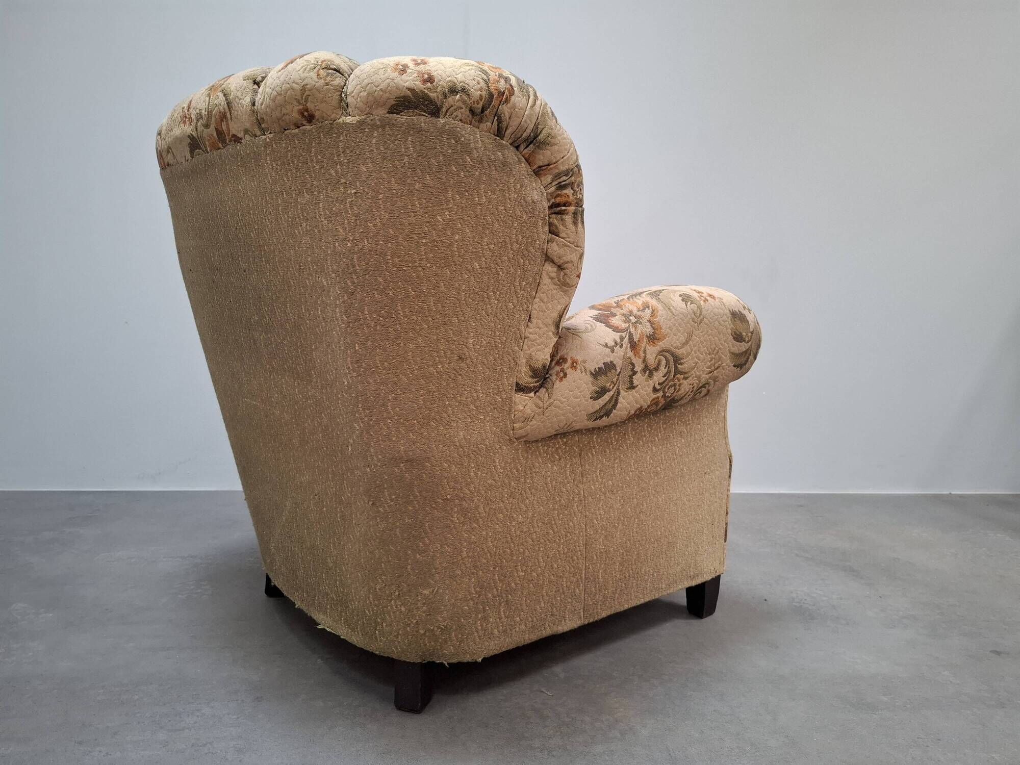 1930s Art Deco Czech Floral Upholstered Wingback Armchair