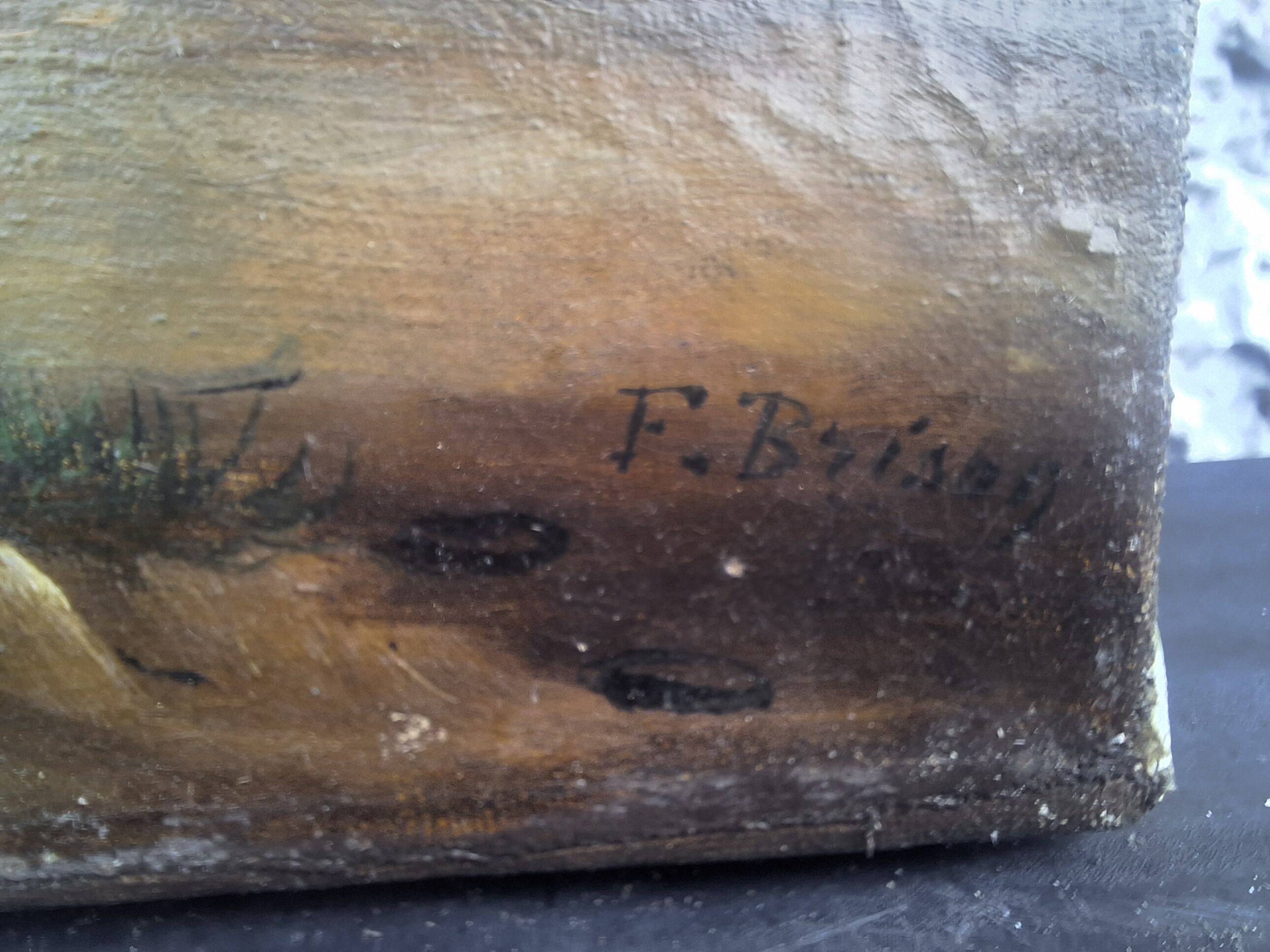 Oil on Canvas Signed F. Brison Tree and Boat by the Riverbank