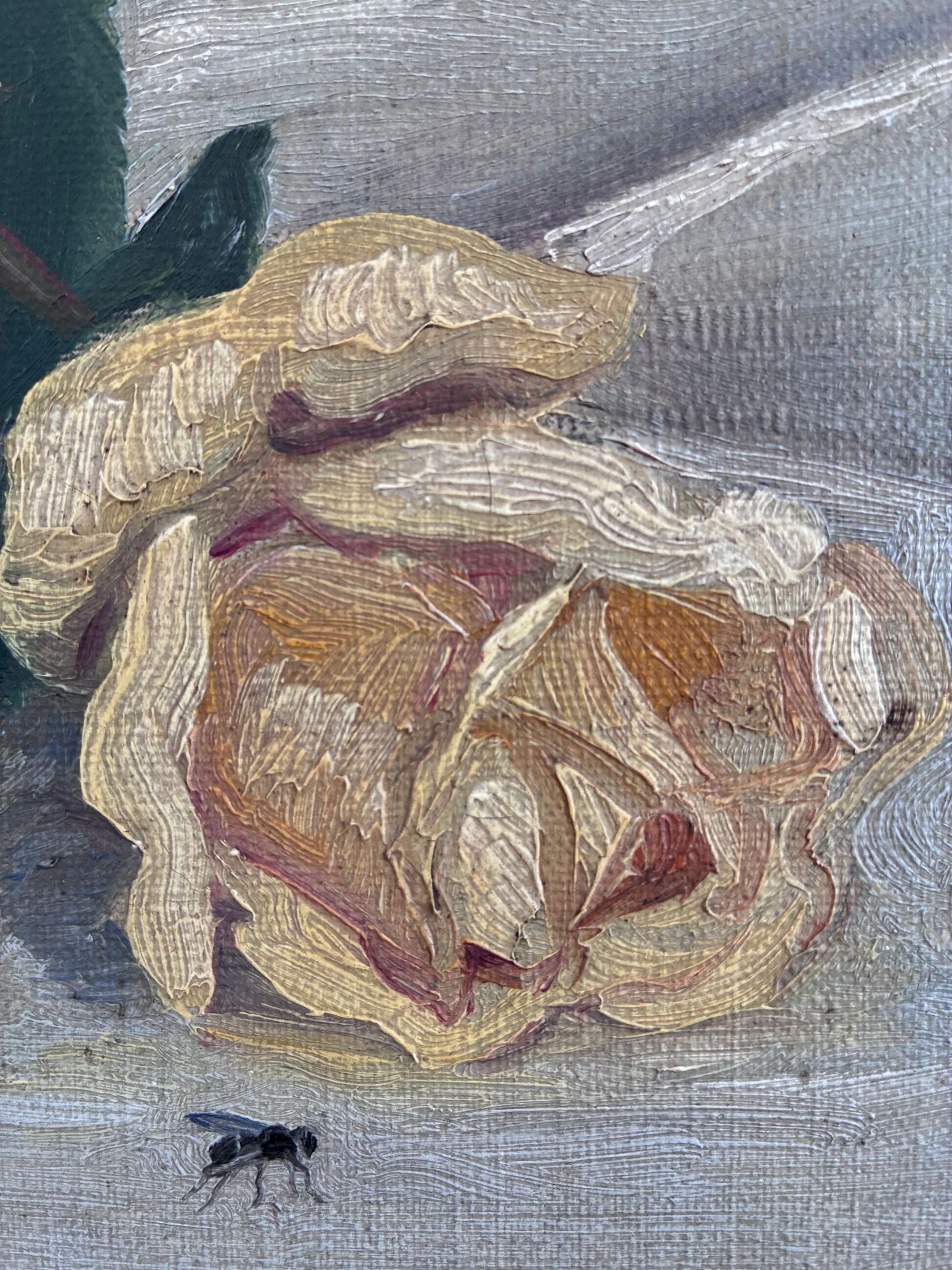 Antique original flower oil painting, yellow roses still life art