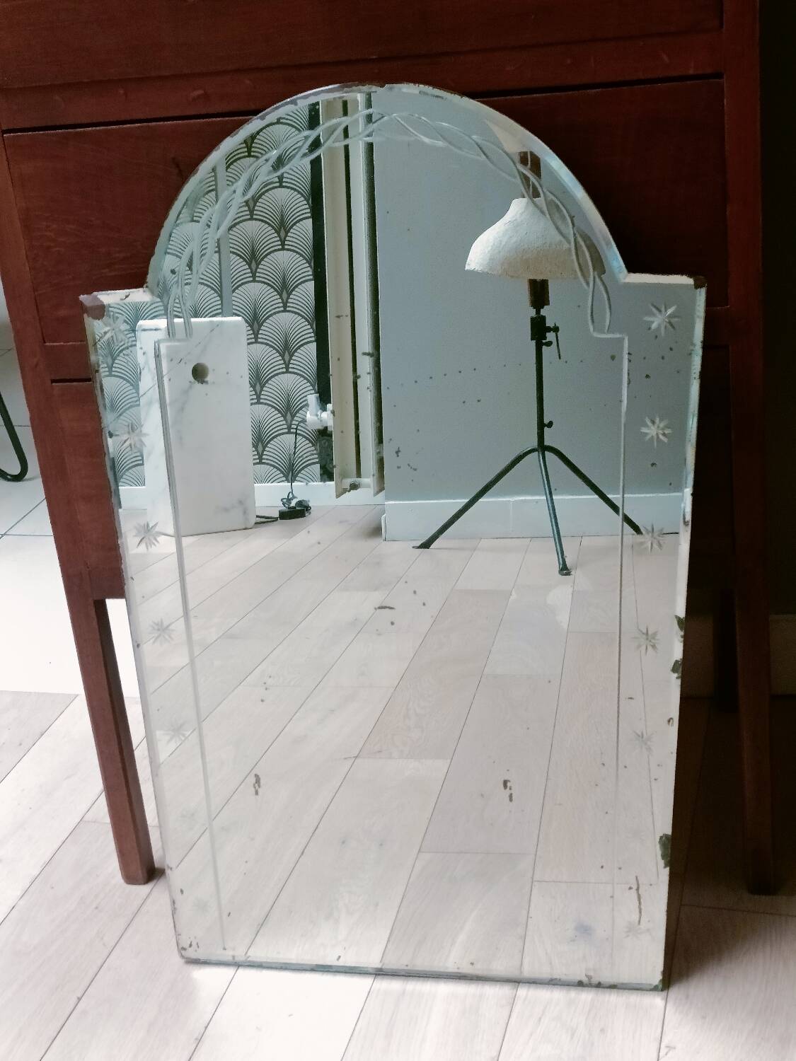 Art Deco beveled engraved mirror