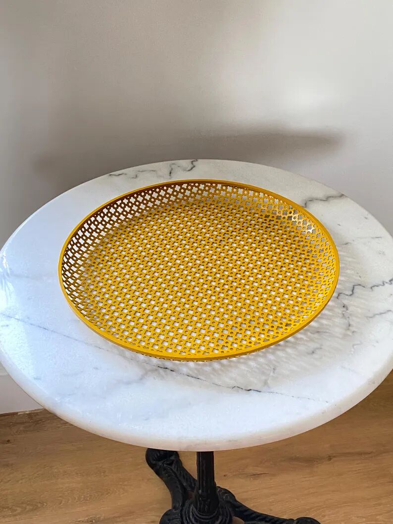 Mathieu Matégot round perforated metal tray, yellow, France 1950s