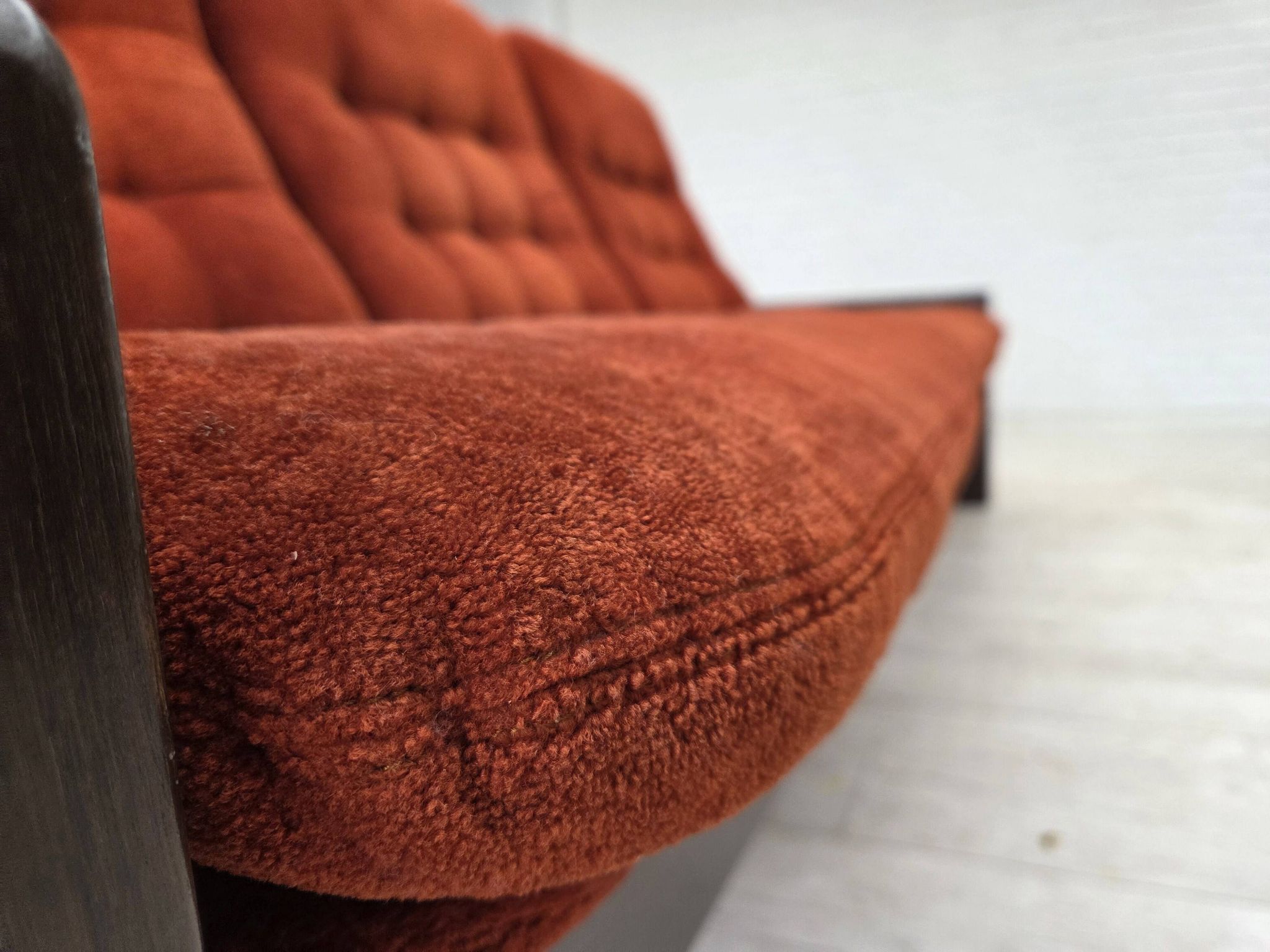 1970s, 3-seater Danish sofa, orange/red furniture velour, oak wood.