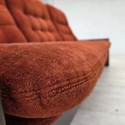 1970s, 3-seater Danish sofa, orange/red furniture velour, oak wood.