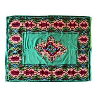 Tapis flatwoven roumain design géométrique sur fond turquoise vert, 158x185 cm