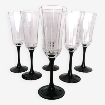 6 black stem champagne glasses