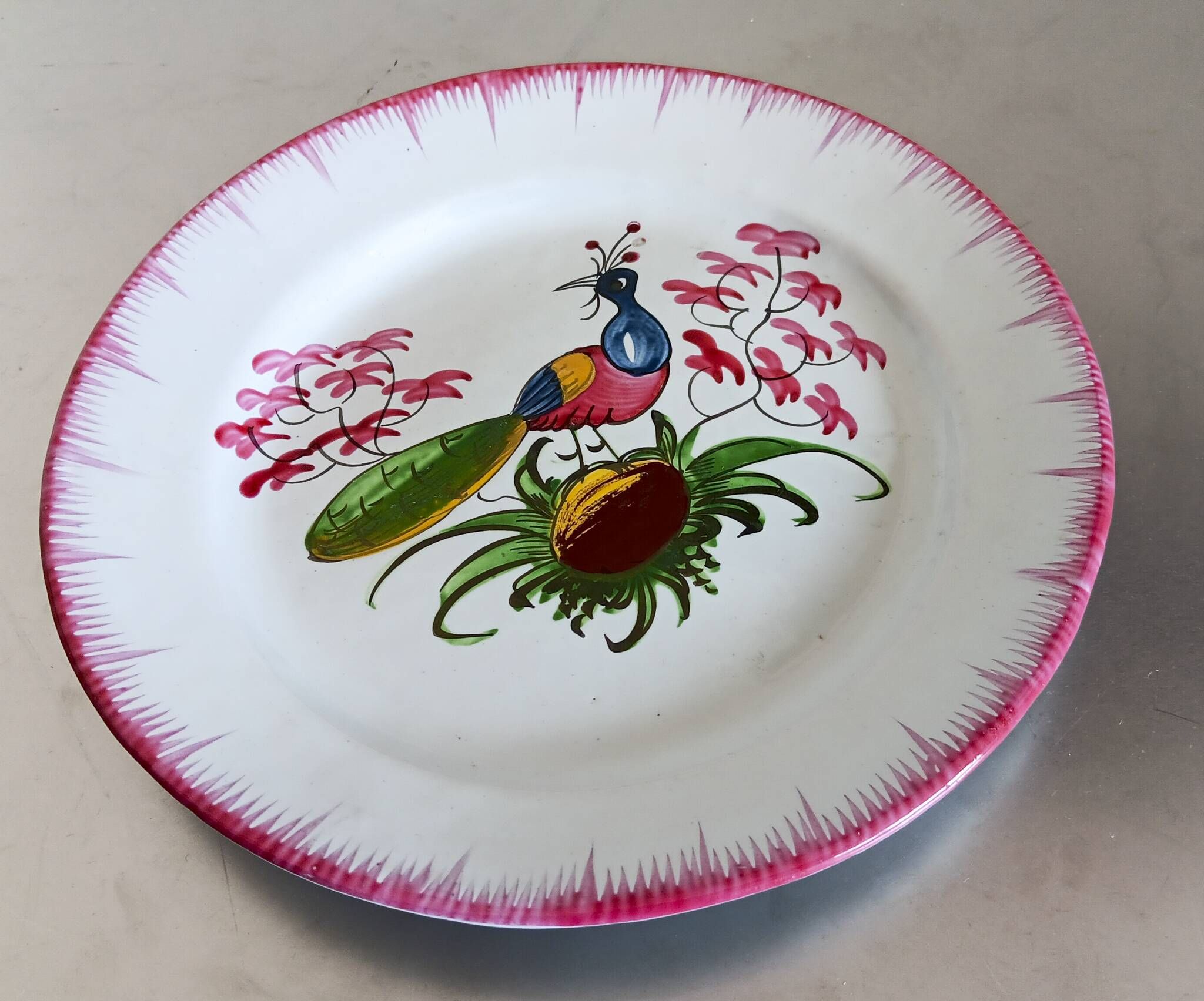 Rare Les Islettes earthenware plate decorated with a peacock. 19th century.