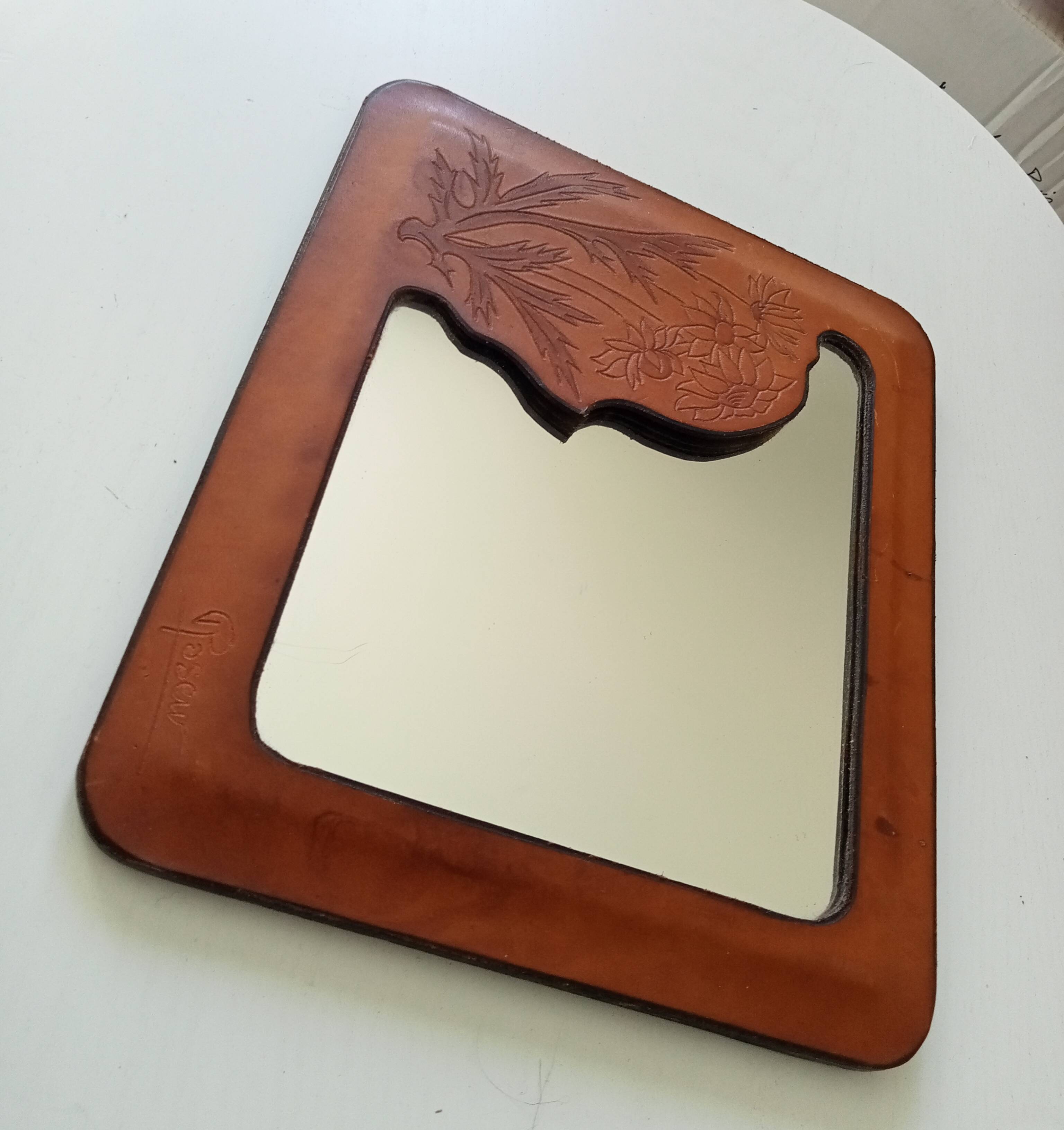 Vintage 70s mirror in wood and leather