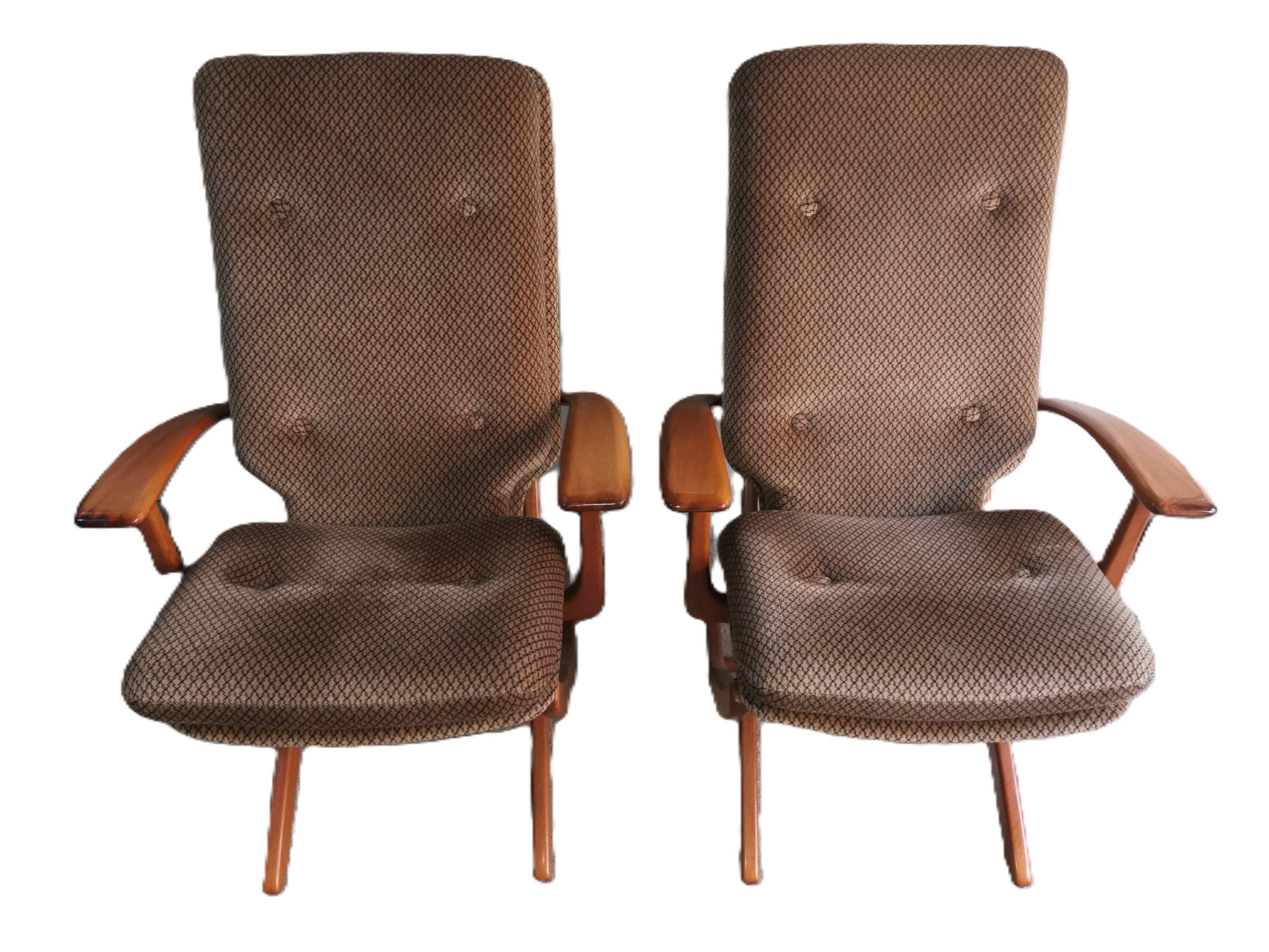 Pair of vintage Scandinavian style relaxation armchairs, adjustable tilt