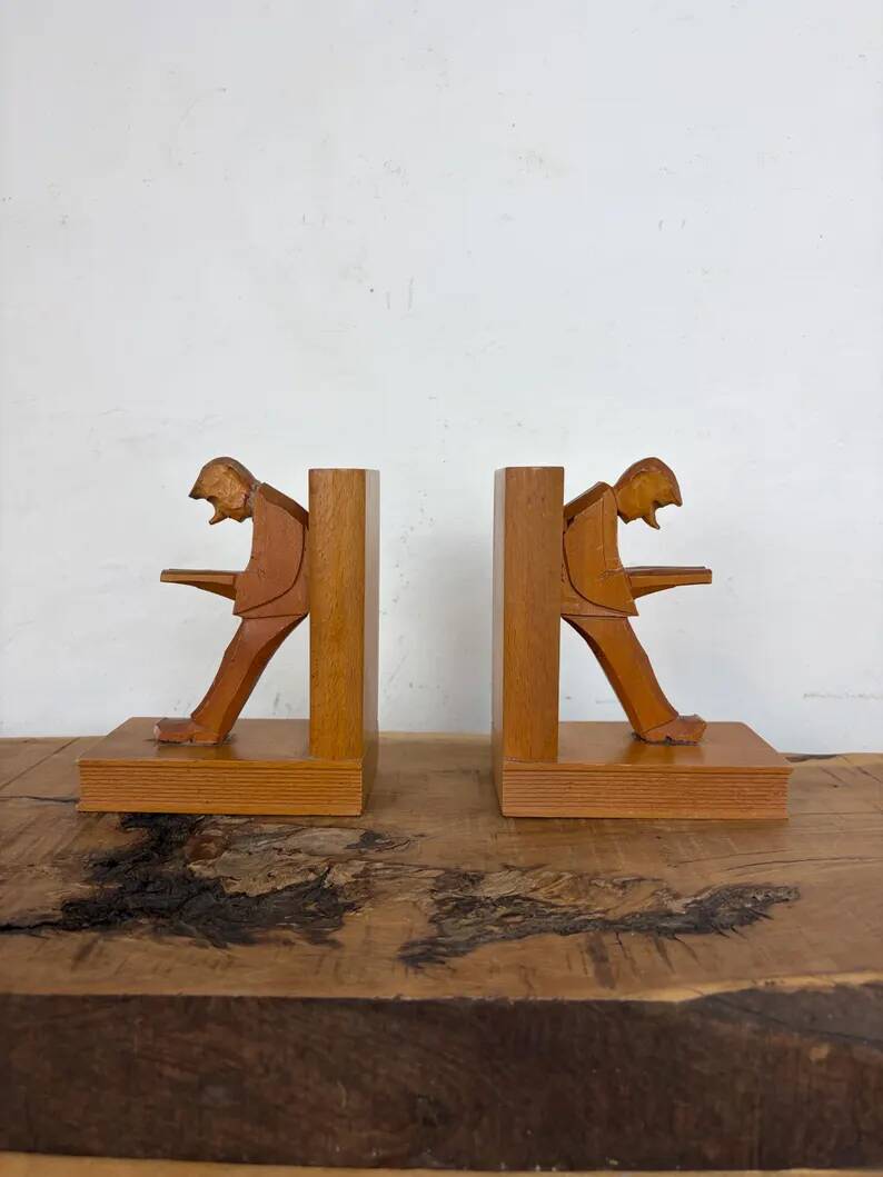 Vintage Mid-Century Cubist German Carved Wood Bookends – Art Deco Style