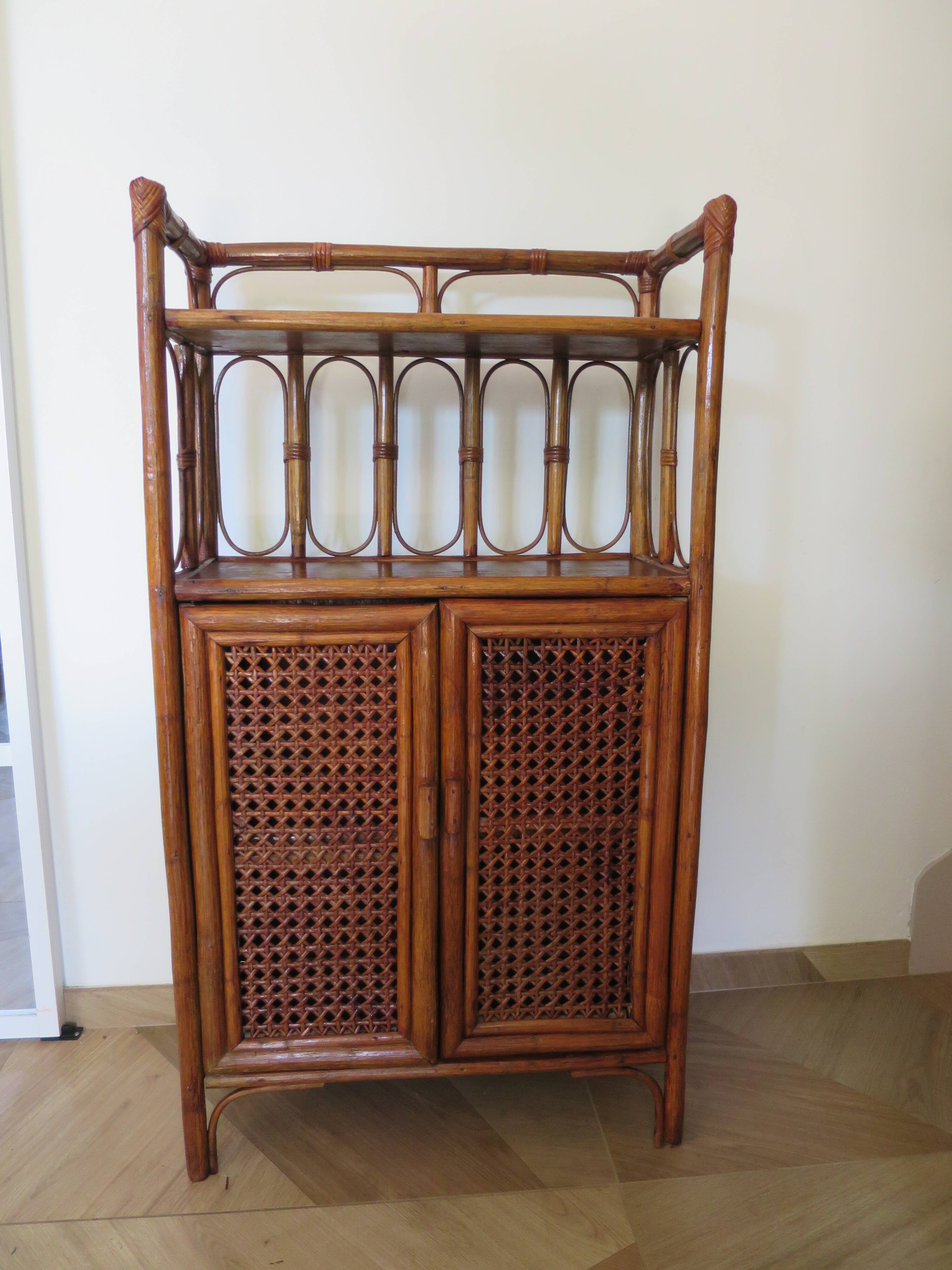 Retro-modernist - Sideboard-bookcase-2 doors-wood-rattan-cane-1960s