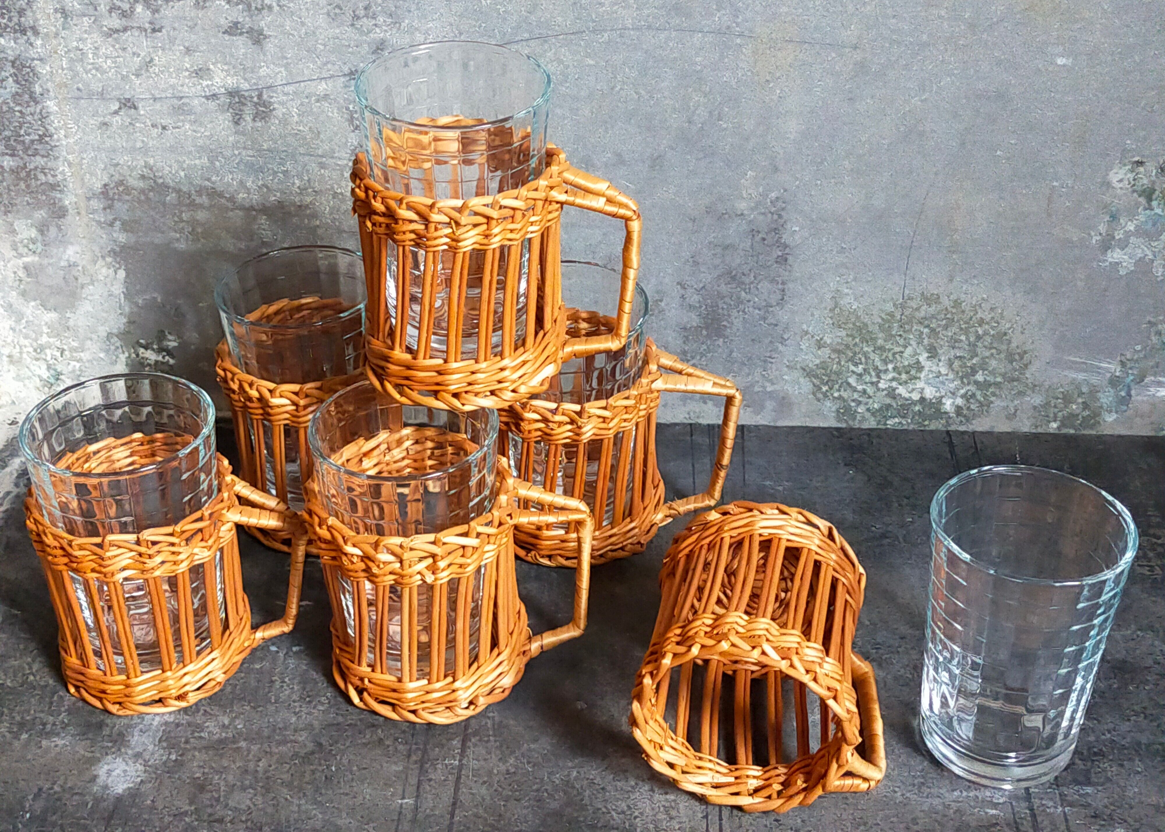Six vintage 50s glasses in braided rattan cases