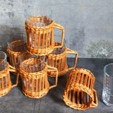 Six vintage 50s glasses in braided rattan cases