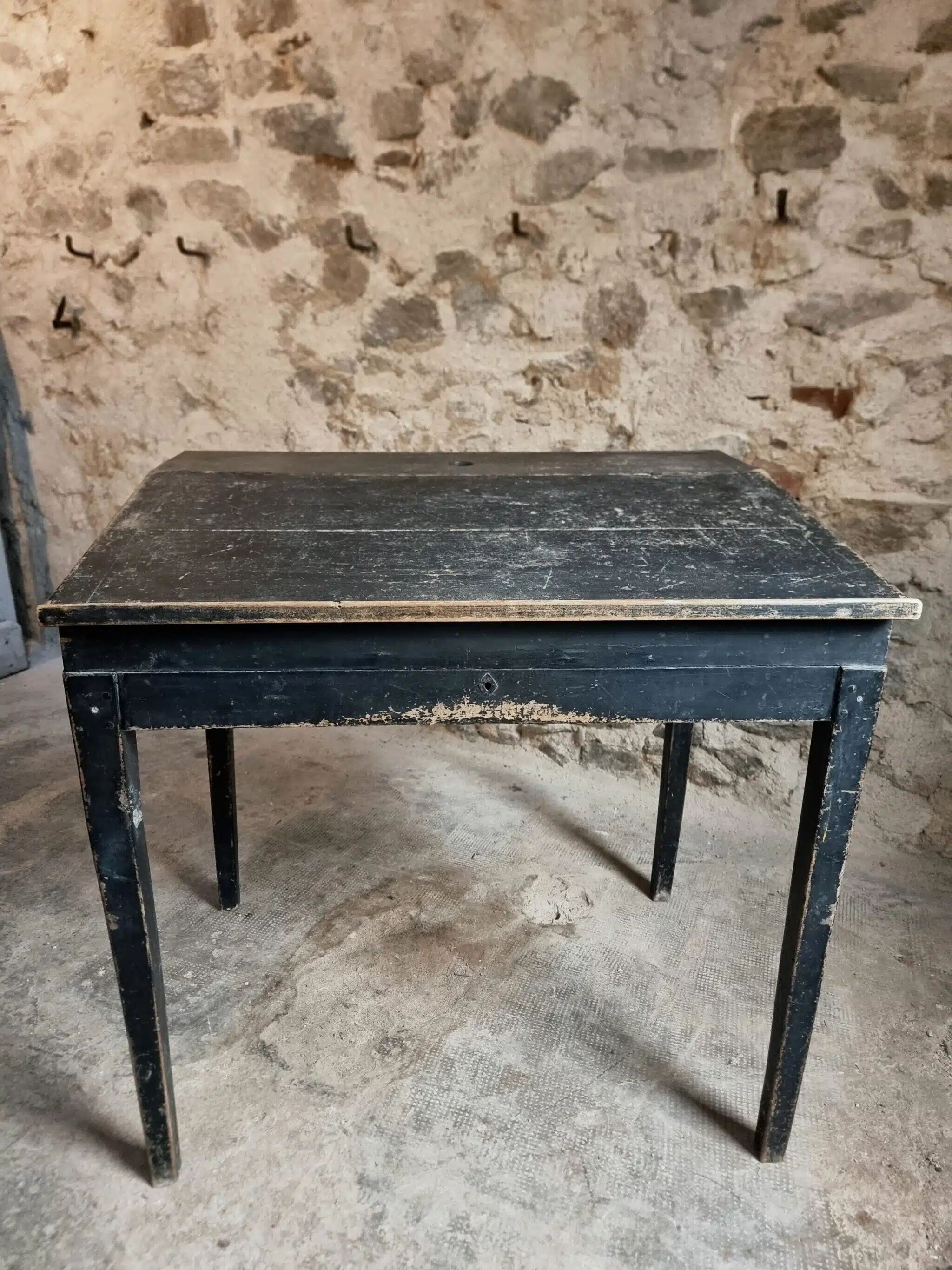 Bureau d'école français ancien, bureau d'écriture noir, bureau à abattant, vers 1900
