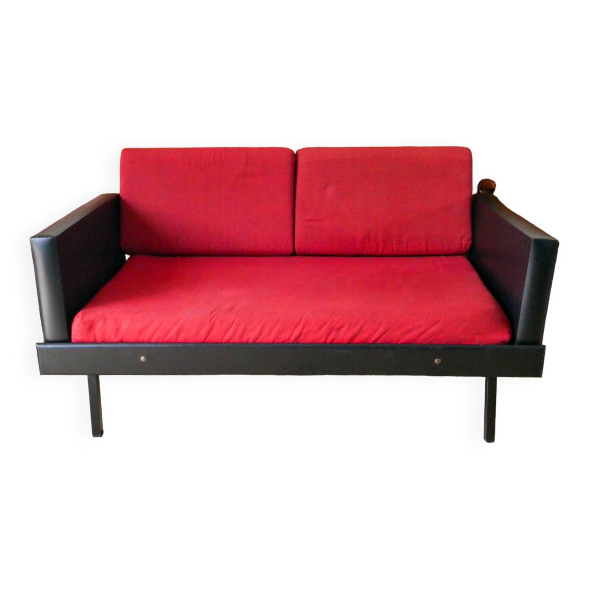 Day Bed sofa in skai, mottled red fabrics and black metal 1950