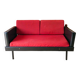Canapé Day Bed en skaï, tissus rouge chiné et métal noir 1950