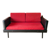 Day Bed sofa in skai, mottled red fabrics and black metal 1950
