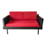 Day Bed sofa in skai, mottled red fabrics and black metal 1950