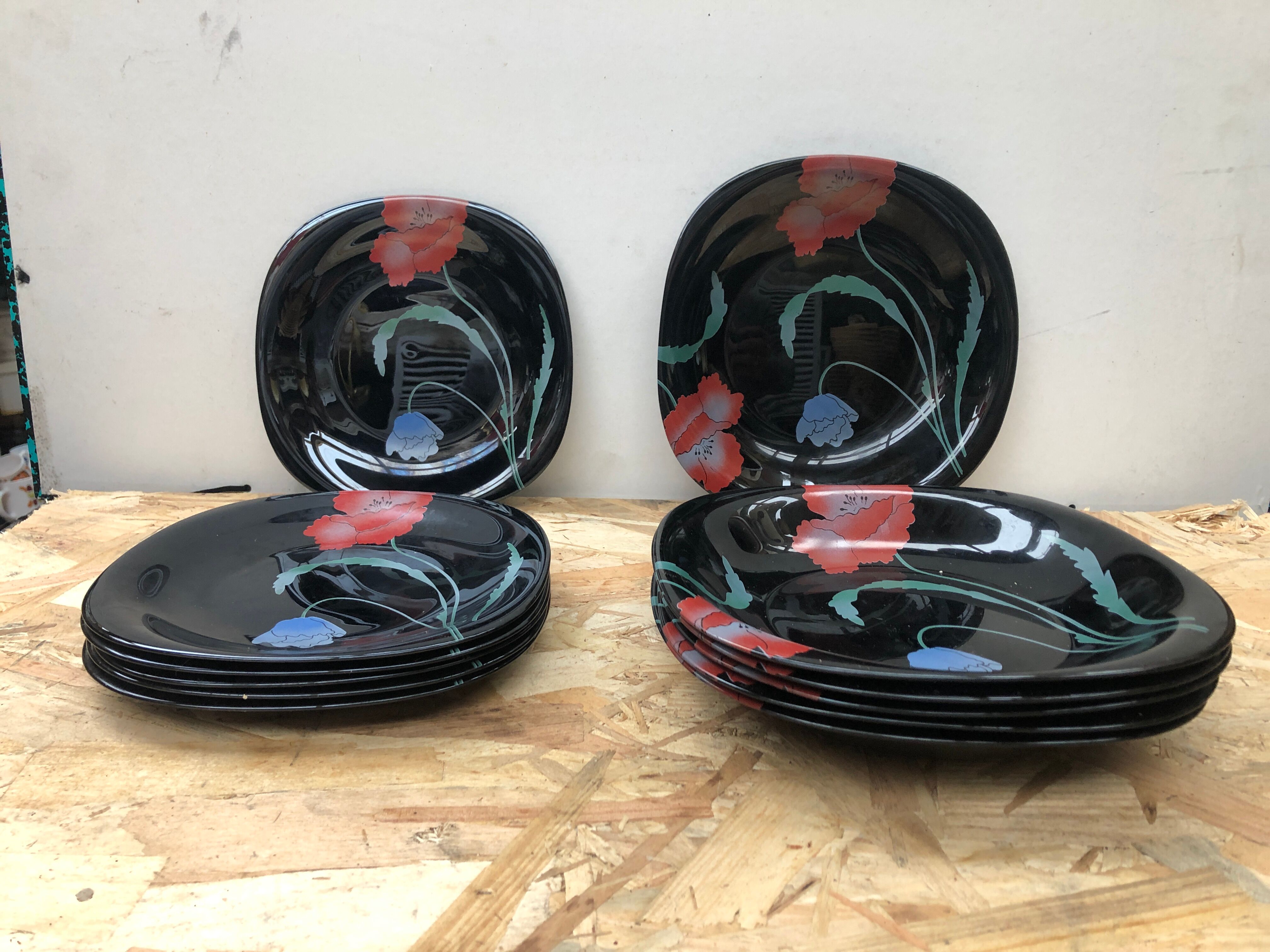 Series 12 old black opaline plates with vintage art deco flower decor