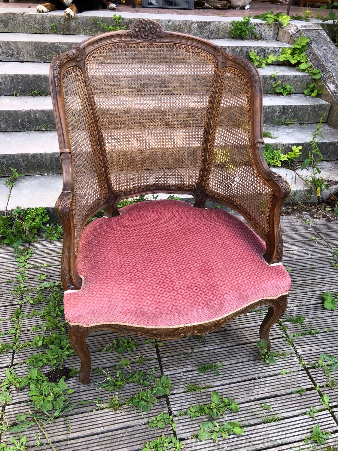 Louis XV style walnut and cane armchair