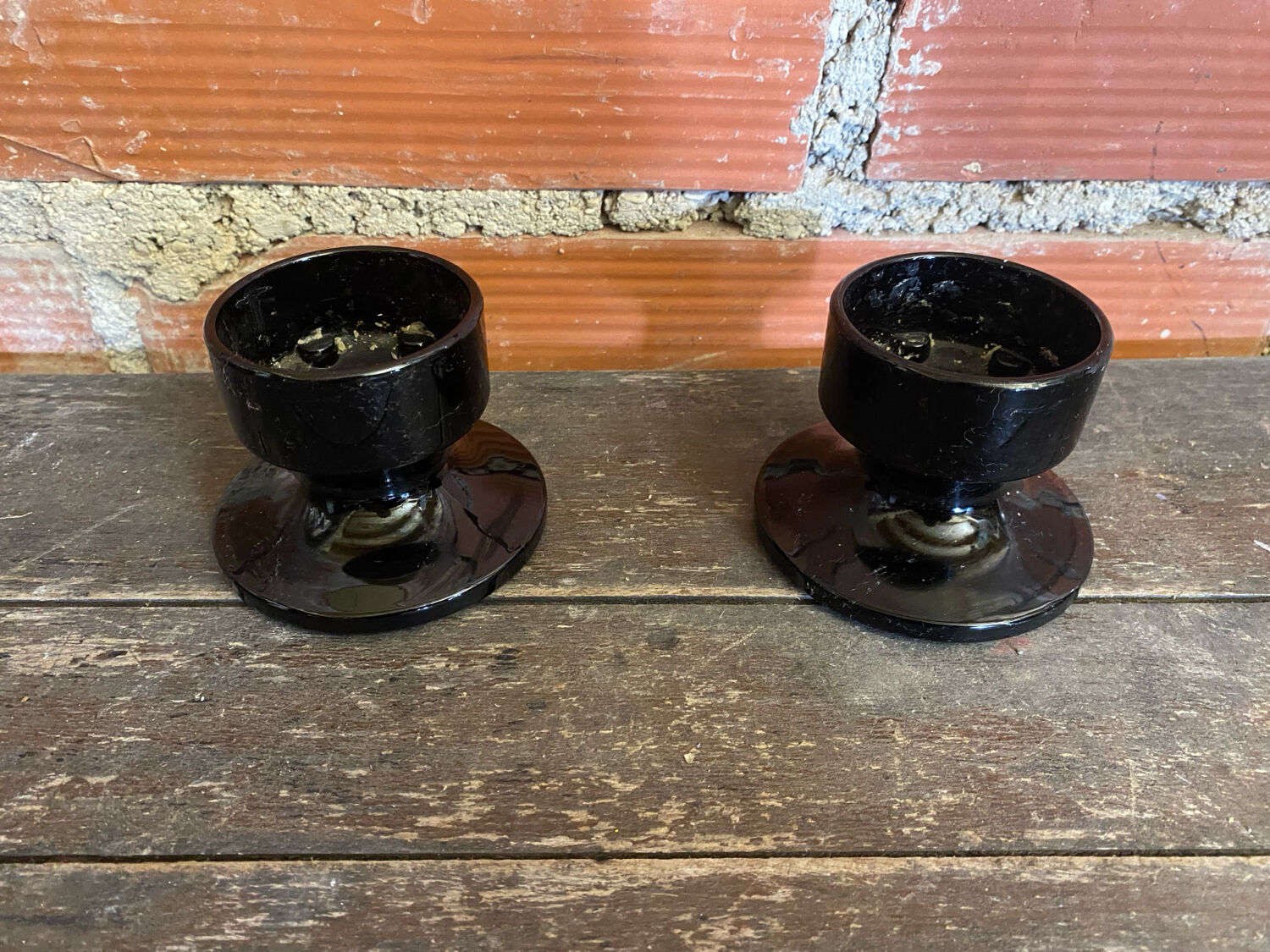 Pair of Vintage 1970s Space Age Black Opaline Candle Holders